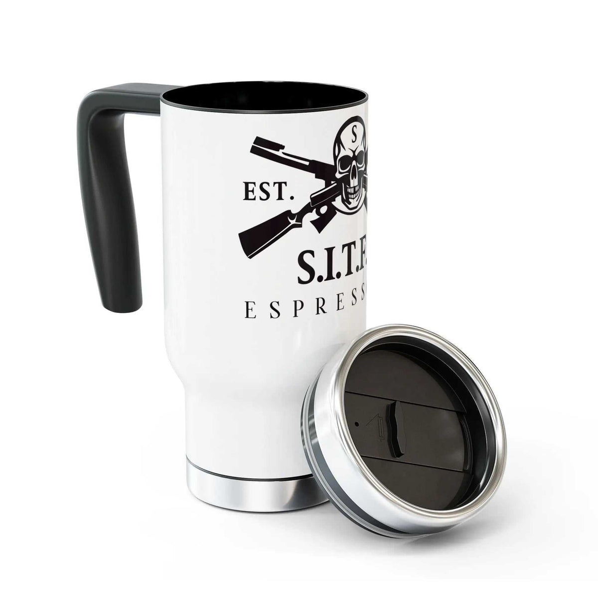 SITFU Espresso Travel Mug 14oz stainless steel insulated coffee cup with spill-resistant lid and handle