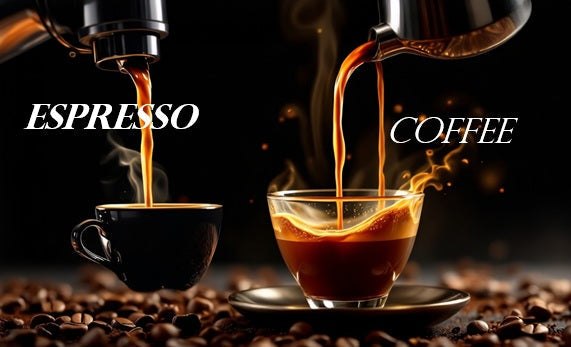 Pouring espresso shot into small black cup and coffee into glass cup with coffee beans scattered around