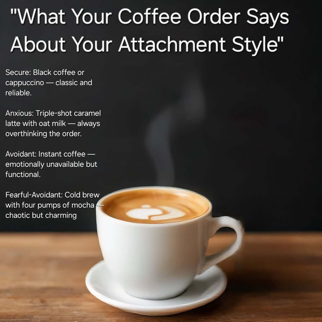 White cup of coffee with latte art on saucer illustrating different coffee orders linked to attachment styles with text describing secure, anxious, avoidant, and fearful-avoidant styles attachment style coffee