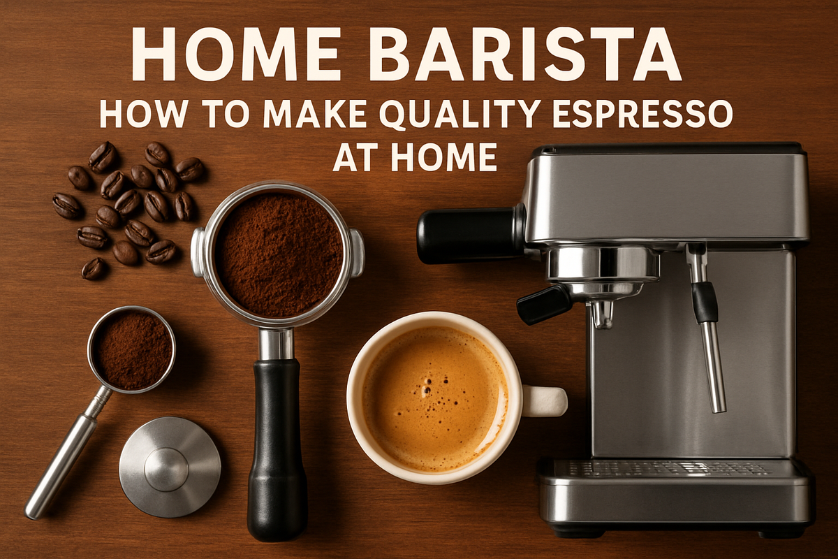 Home Barista espresso machine setup with ground coffee, tamper, espresso cup, and coffee beans on wooden table