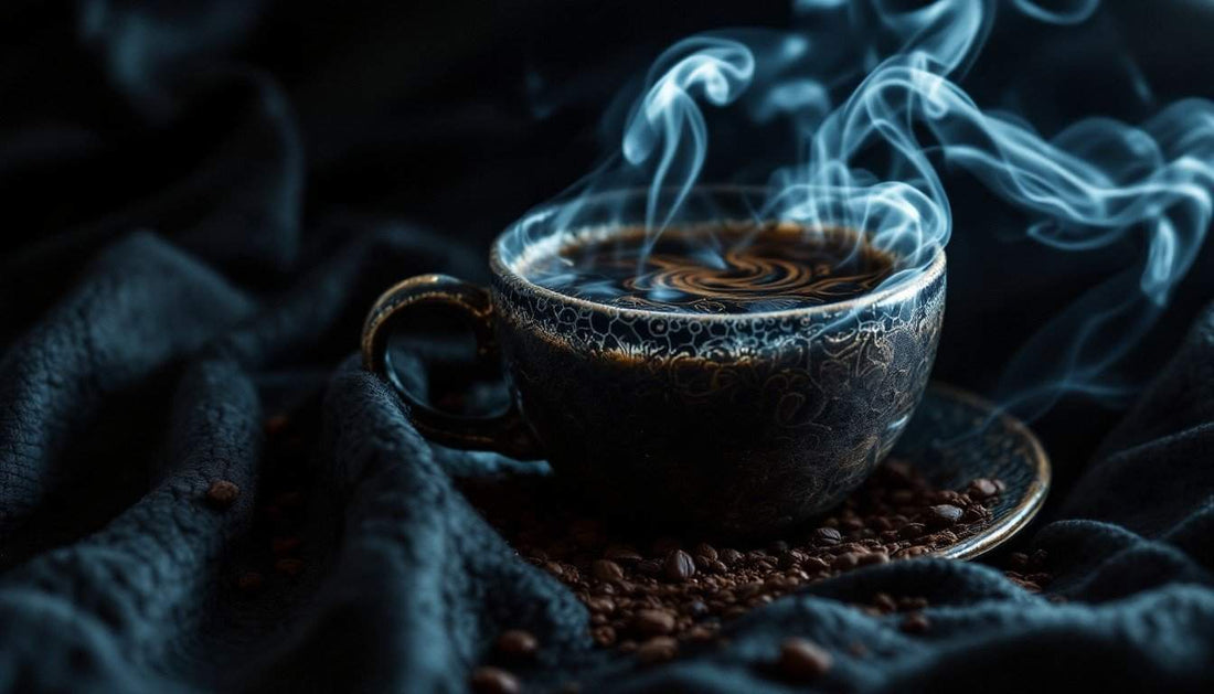 Steaming cup of coffee in dark ornate cup on saucer with scattered coffee beans and moody dark background representing the dark side of coffee theme