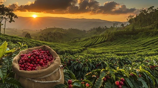 Coffee cherries in a sack on a lush local farm at sunrise showcasing origin and sourcing of perfect espresso beans