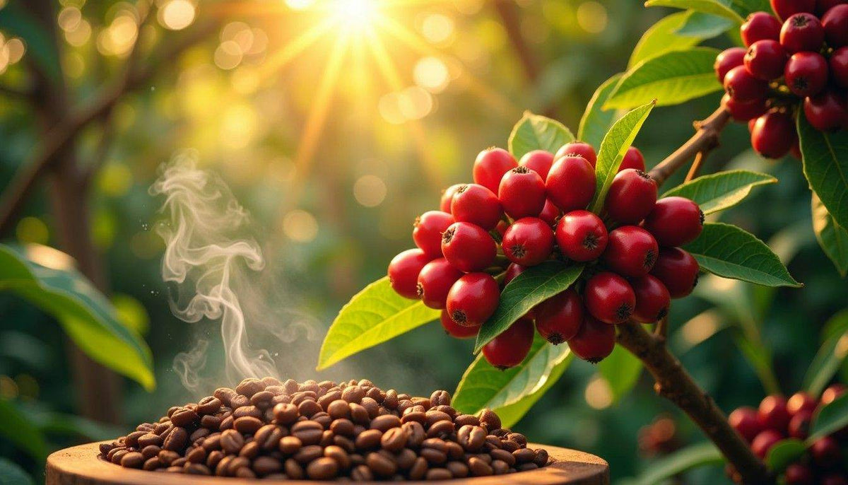 Steaming roasted coffee beans in bowl with sunlit coffee cherries on branch symbolizing sustainable espresso production