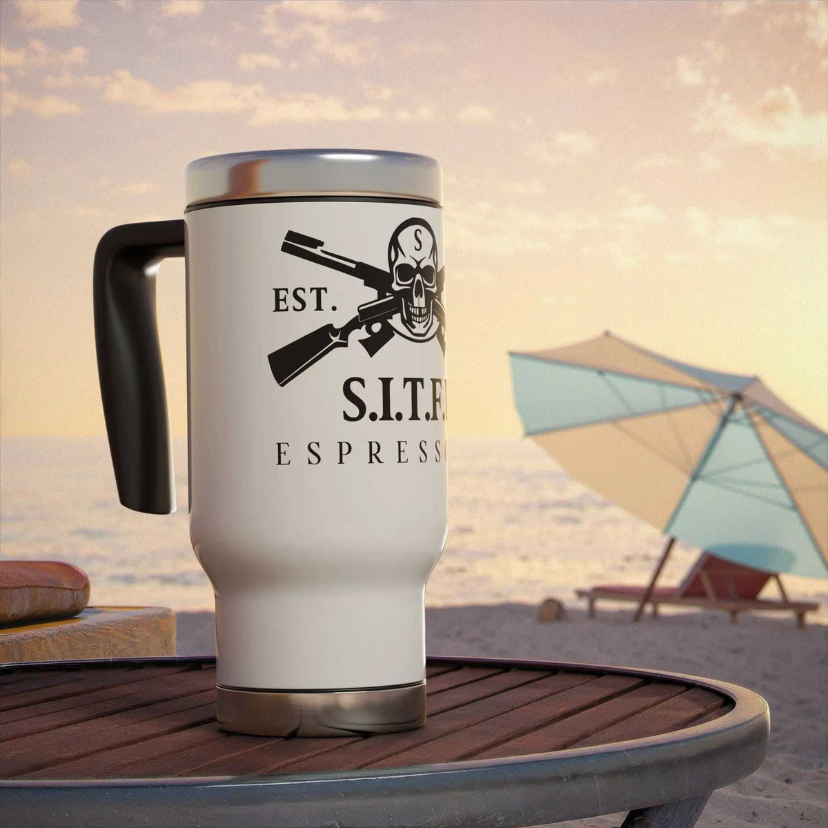 SITFU Espresso Travel Mug stainless steel 14oz with handle on beach table