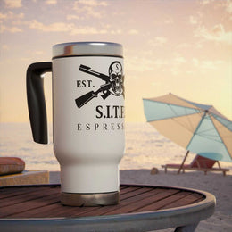 SITFU Espresso Travel Mug stainless steel 14oz with handle on beach table