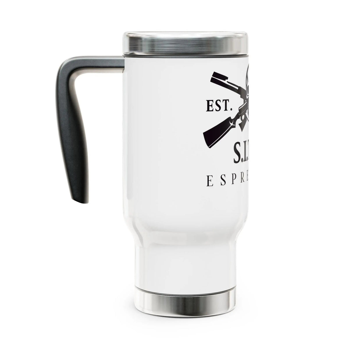 SITFU Espresso Travel Mug stainless steel insulated 14oz white with black handle and spill-resistant lid