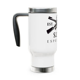SITFU Espresso Travel Mug stainless steel insulated 14oz white with black handle and spill-resistant lid