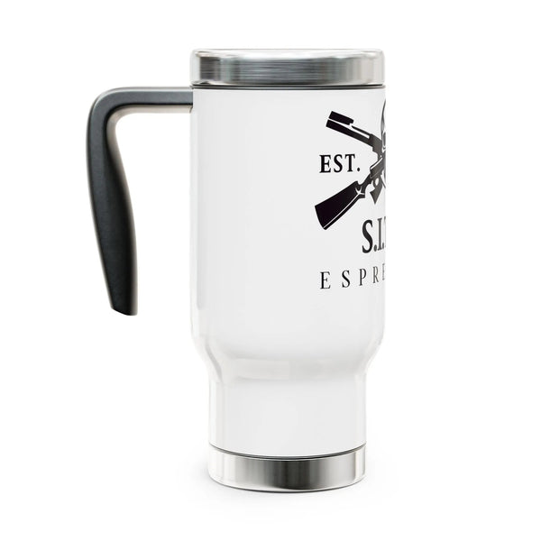 SITFU Espresso Travel Mug stainless steel insulated 14oz white with black handle and spill-resistant lid