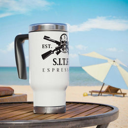 SITFU Espresso Travel Mug stainless steel insulated 14oz spill-resistant handle beach background