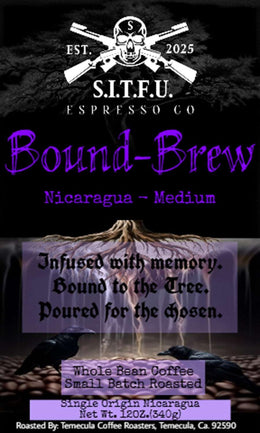 Bound Brew Nicaragua Coffee bag featuring medium roast, infused with memory and single origin details.