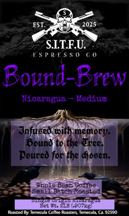 Bound Brew Nicaragua Coffee label highlighting medium roast, infused with memory, and small batch roasted.