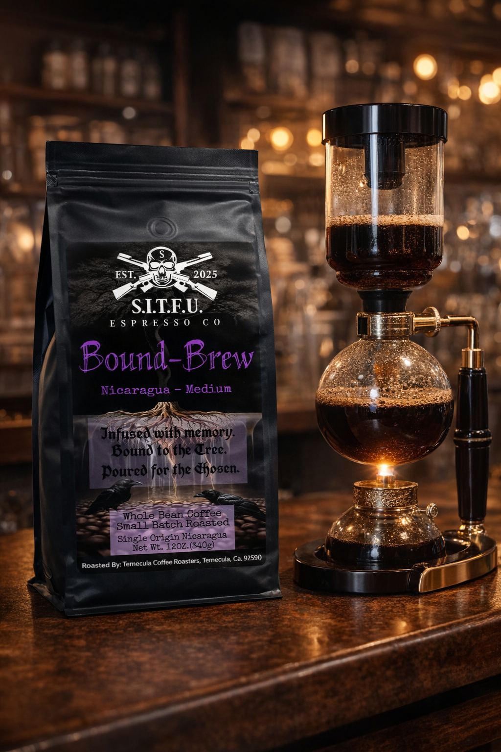 Bound Brew Nicaragua Coffee bag displayed beside a siphon coffee maker in a cozy café setting.